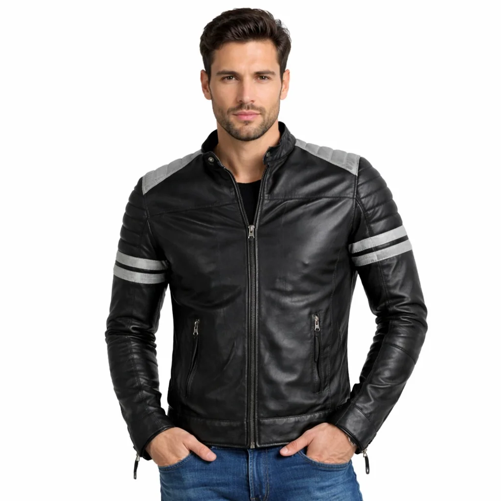 Men’s Black Leather Café Racer Jacket with White Stripes