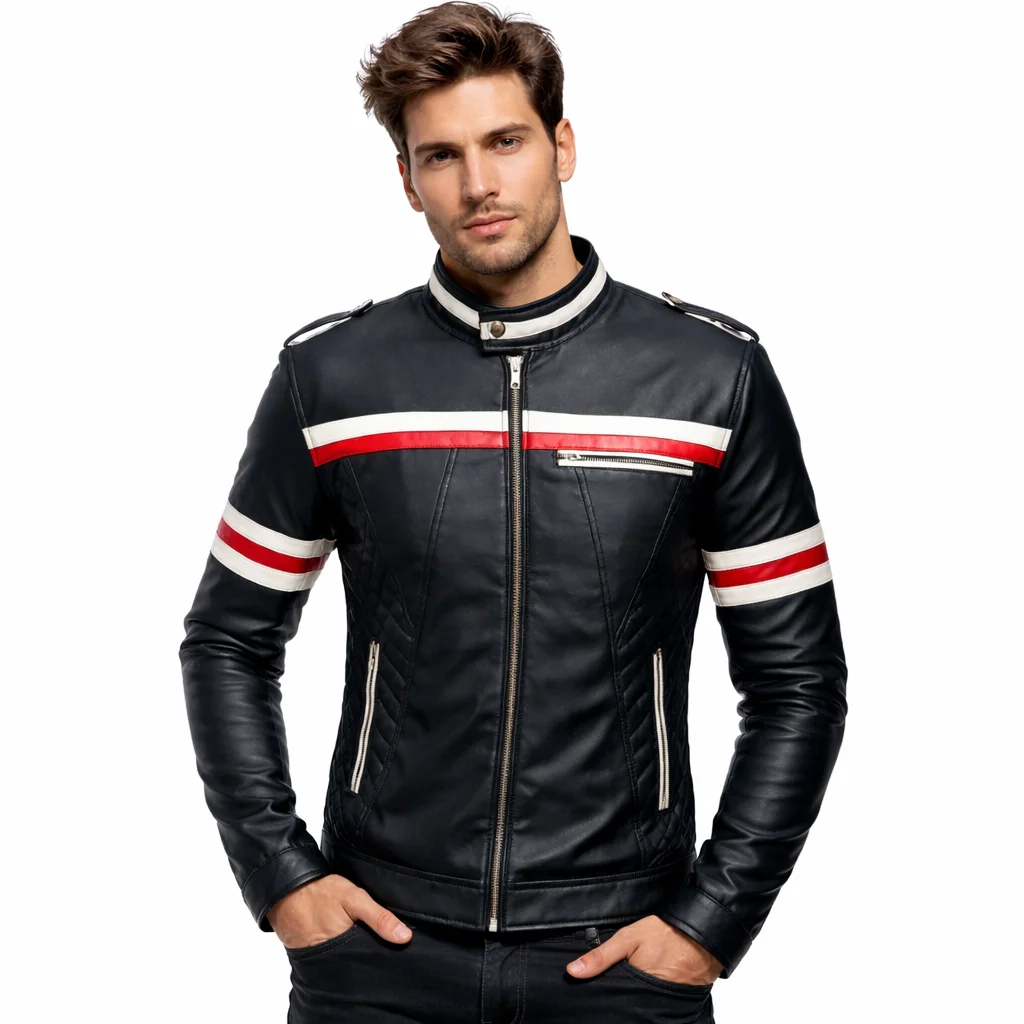 Men’s Black Leather Café Racer Jacket with Red & White Racing Stripes Slim Fit Motorcycle Style
