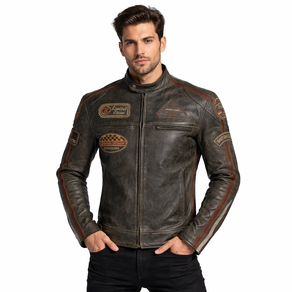 Classic British Striped Biker Leather Jacket with Badges