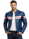 Men’s Blue Leather Cafe Racer Jacket with Red & White Stripes Motorcycle Biker Style