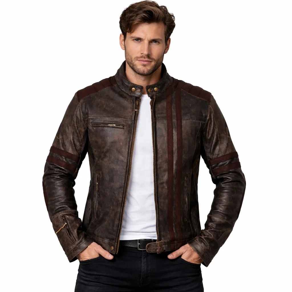 Men’s Brown Distressed Leather Motorcycle Jacket Vintage Café Racer Real Leather Biker Jacket