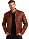 Men’s Brown Real Leather Cafe Racer Jacket Stand-Up Collar & Multiple Zipper Pockets