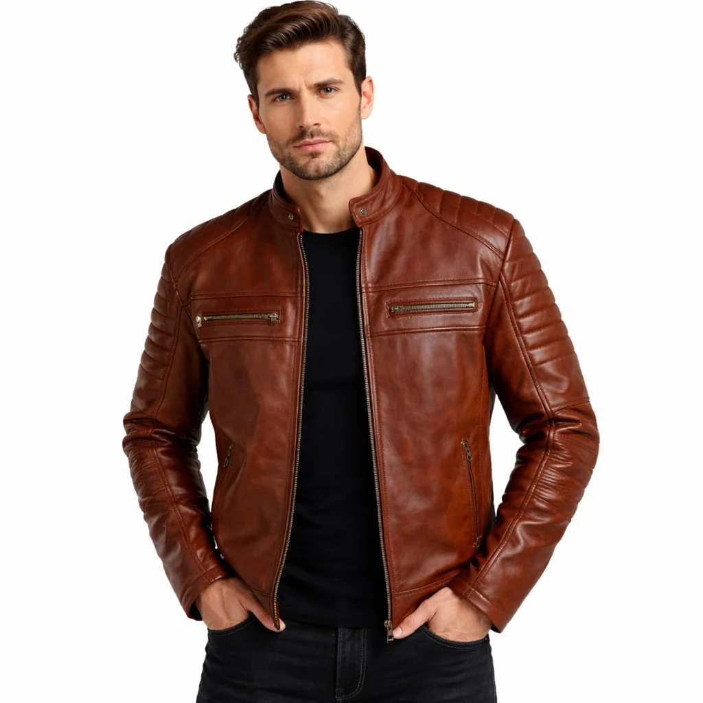Men’s Brown Real Leather Cafe Racer Jacket Stand-Up Collar & Multiple Zipper Pockets