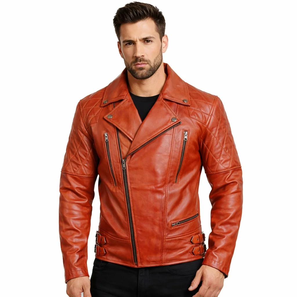 Men’s Classic Diamond Biker Leather Jacket Rusty Orange / Tan Brown