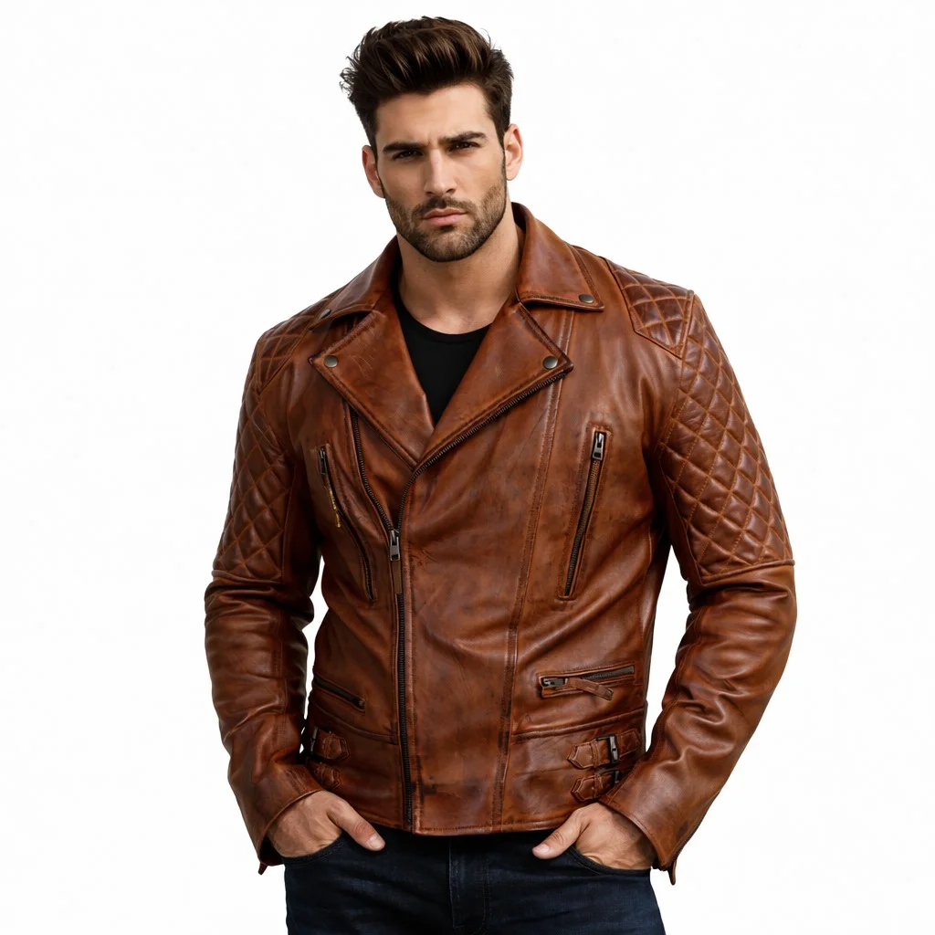 Men’s Classic Diamond Distressed Vintage Brown Leather Jacket
