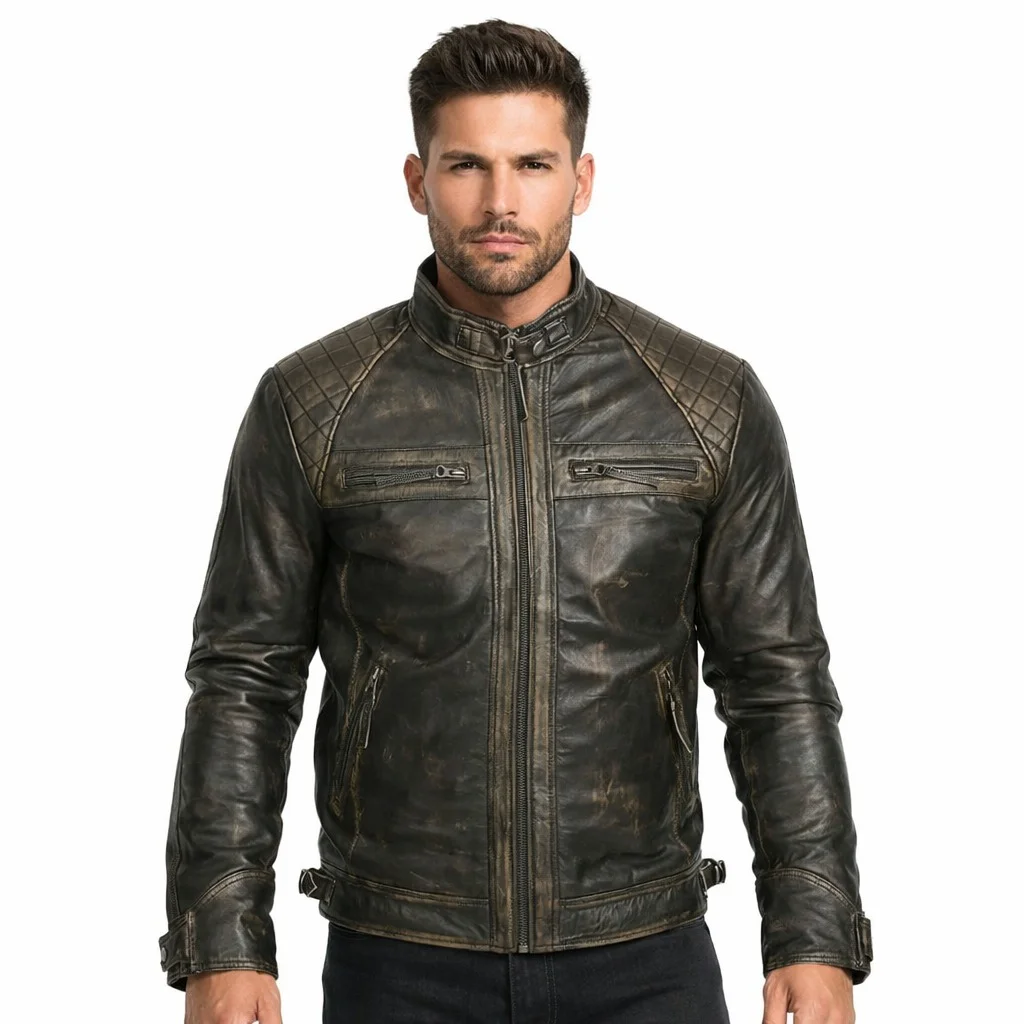 Men’s Distressed Black Cafe Racer Vintage Biker Leather Jacket Genuine Leather