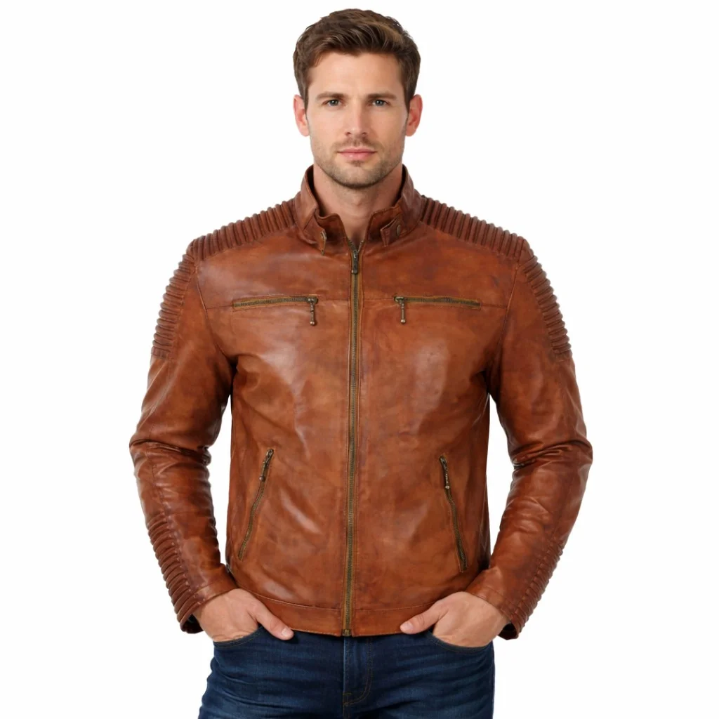 Distressed Brown Café Racer Leather Jacket Vintage Motorcycle Style