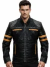 Men’s Distressed Black Leather Café Racer Jacket with Orange Stripes & Shoulder Padding Slim Fit Motorcycle Style