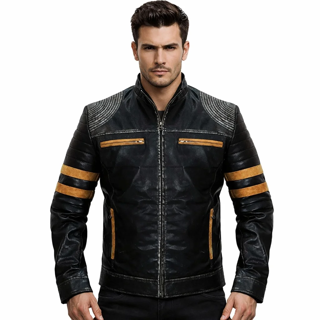 Men’s Distressed Black Leather Café Racer Jacket with Orange Stripes & Shoulder Padding Slim Fit Motorcycle Style