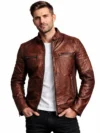 Men’s Distressed Brown Leather Cafe Racer Motorcycle Jacket Vintage Biker Outerwear