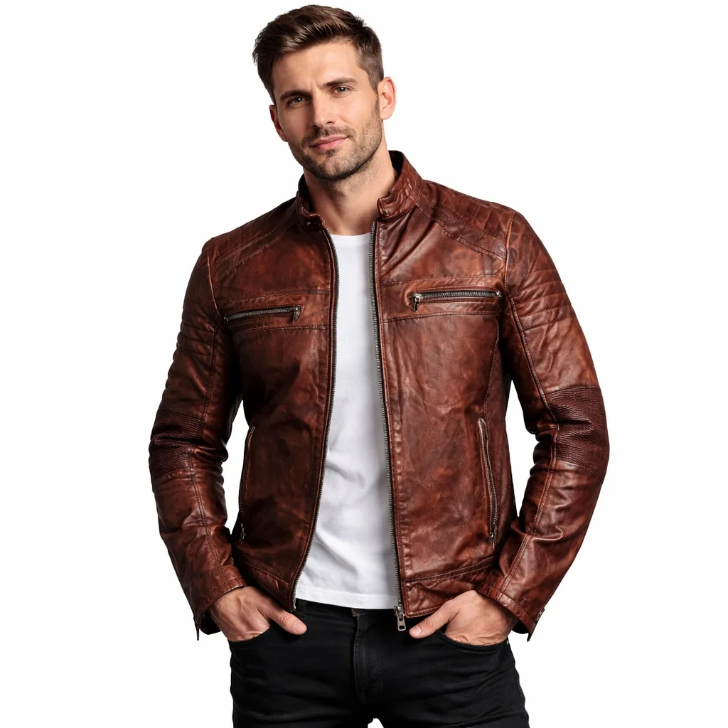 Men’s Distressed Brown Leather Cafe Racer Motorcycle Jacket Vintage Biker Outerwear