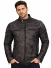 Men’s Distressed Cafe Racer Leather Jacket Quilted Shoulder & Elbow Panels, Vintage Slim Fit