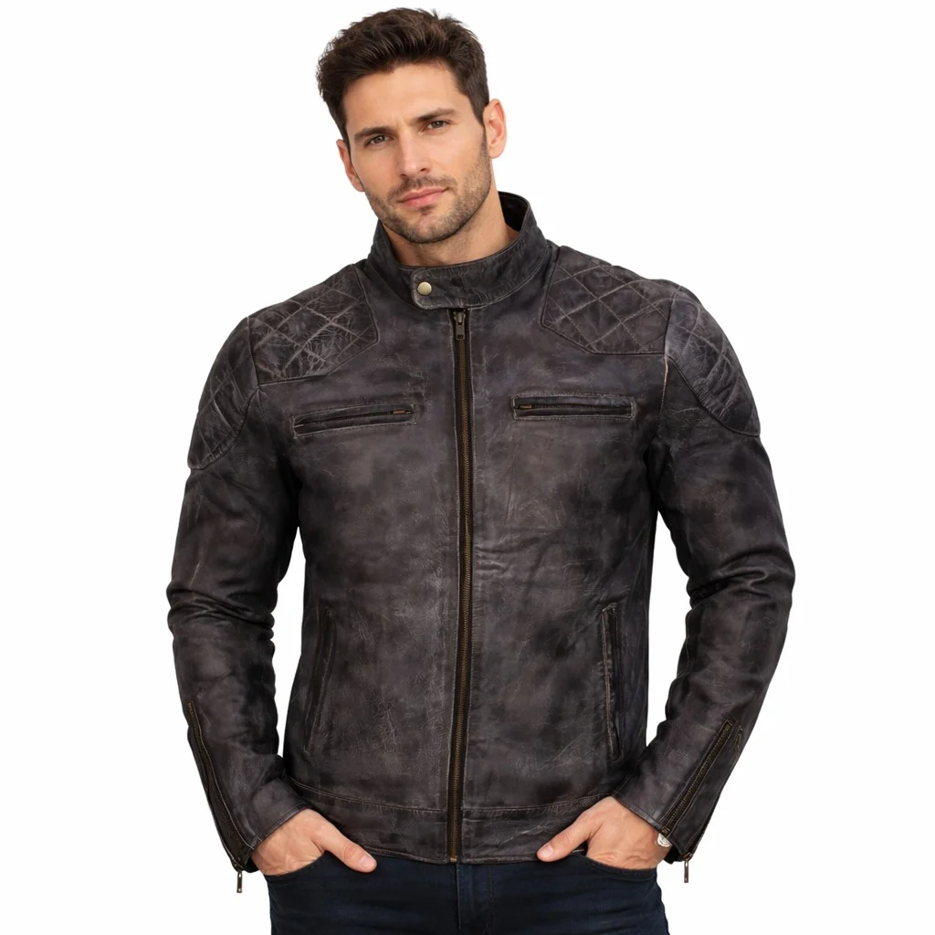 Men’s Distressed Cafe Racer Leather Jacket Quilted Shoulder & Elbow Panels, Vintage Slim Fit