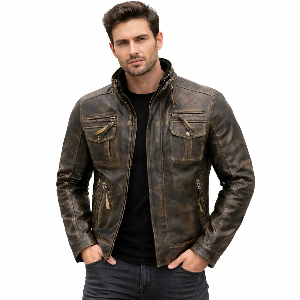 Men’s Distressed Leather Motorcycle Jacket with Removable Inner Vest