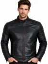 Men’s Leather Biker Jacket with Mandarin Collar Padded Shoulders & Sleeves, Zippered Pockets