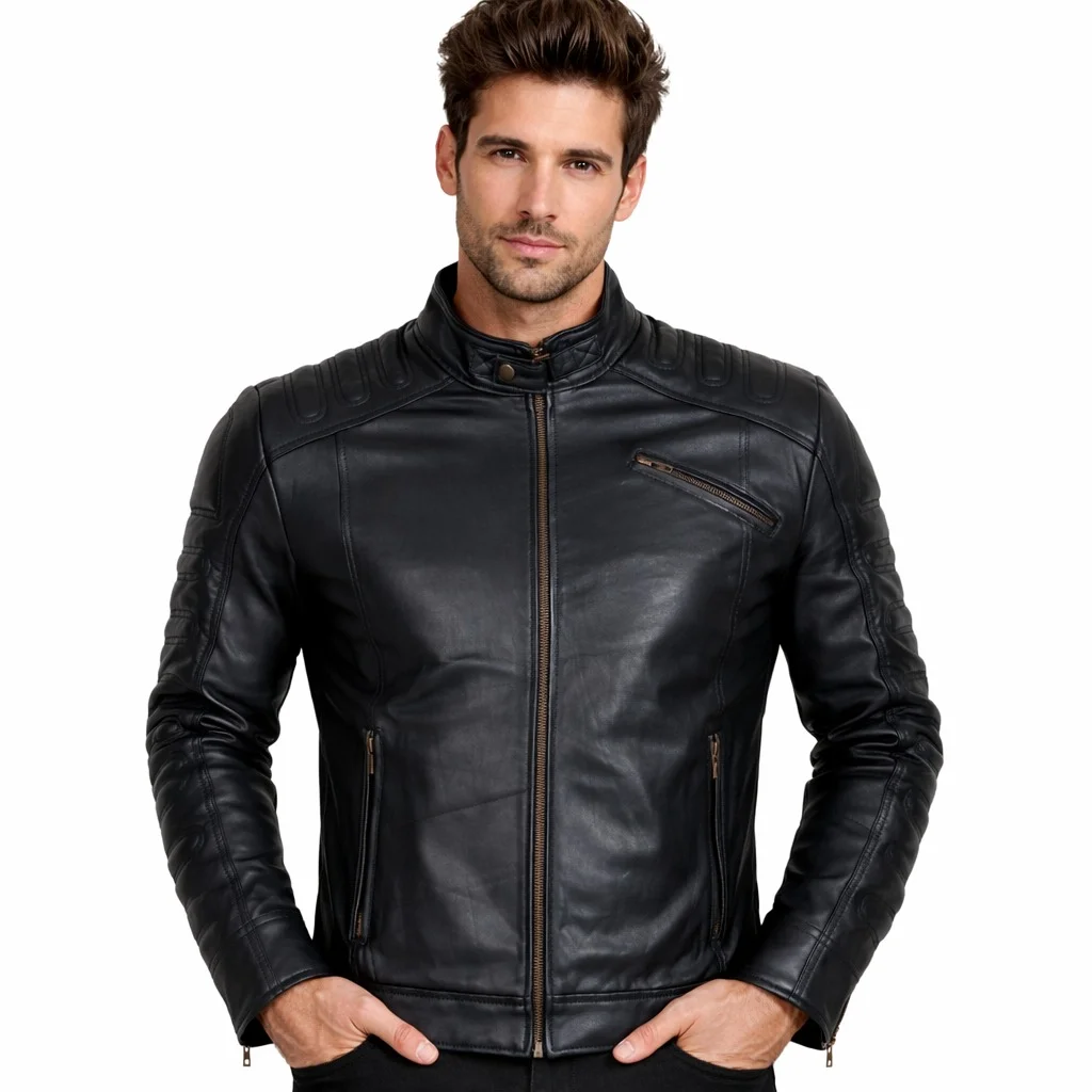 Men’s Leather Biker Jacket with Mandarin Collar Padded Shoulders & Sleeves, Zippered Pockets