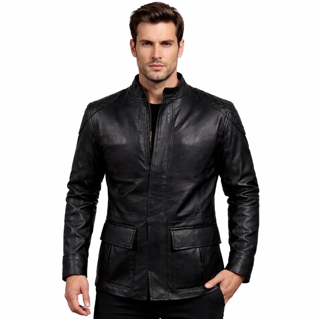 Men’s Black Genuine Leather Racing Jacket Snap-Tab Collar with Flap Pockets