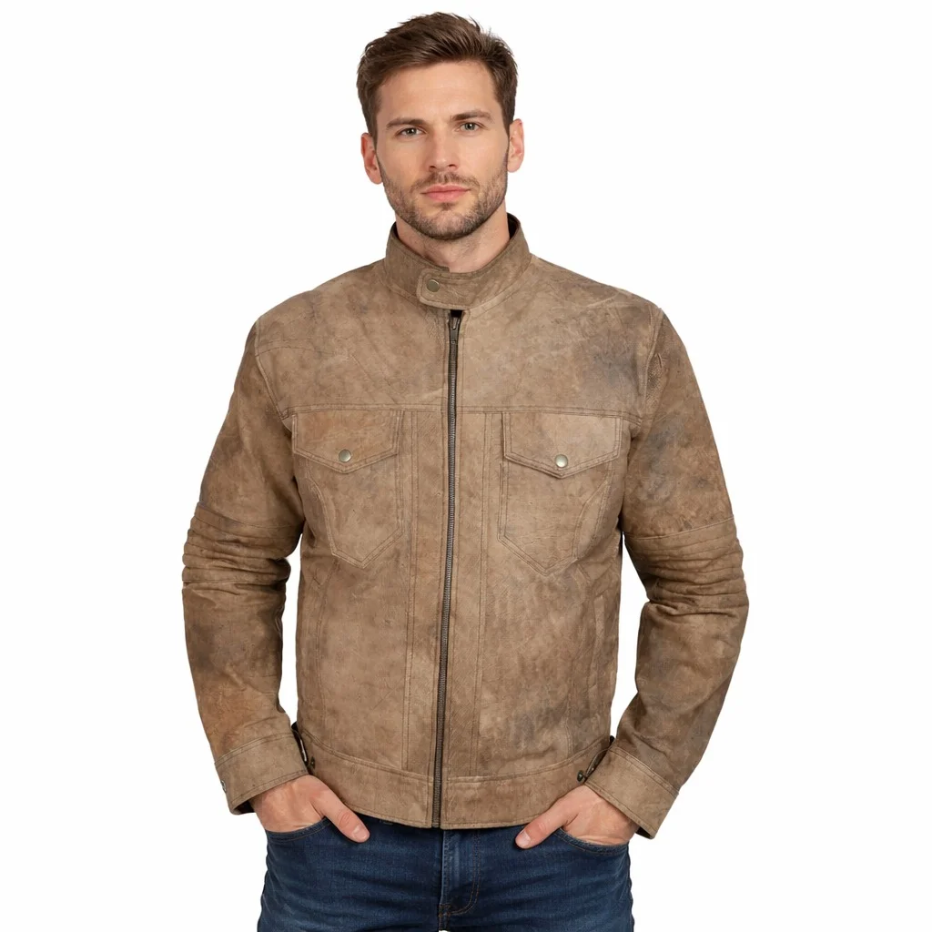 Distressed Brown Leather Café Racer Jacket with Snap Collar & Dual Chest Pockets