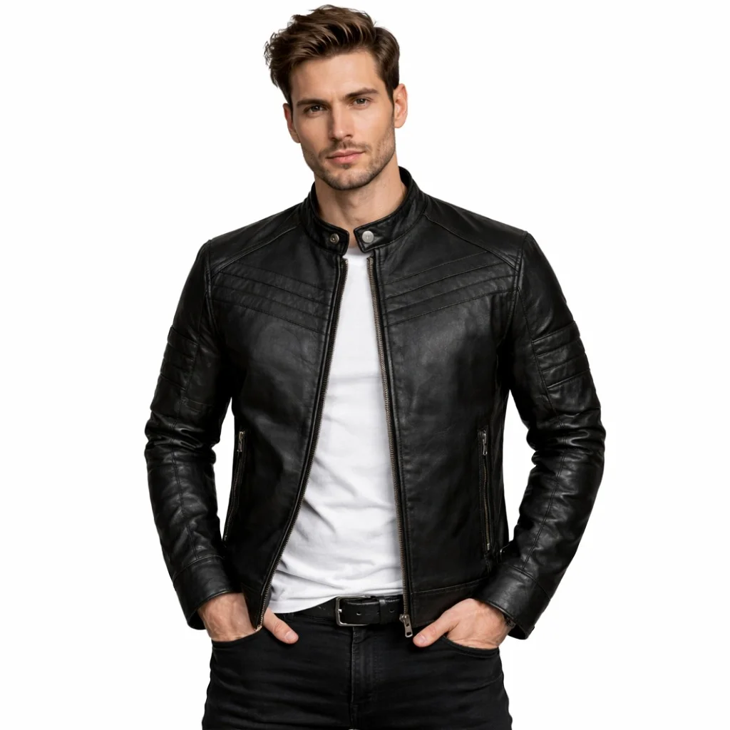 Men’s Black Semi-Quilted Leather Jacket Genuine Leather Stylish Biker Fashion Jacket