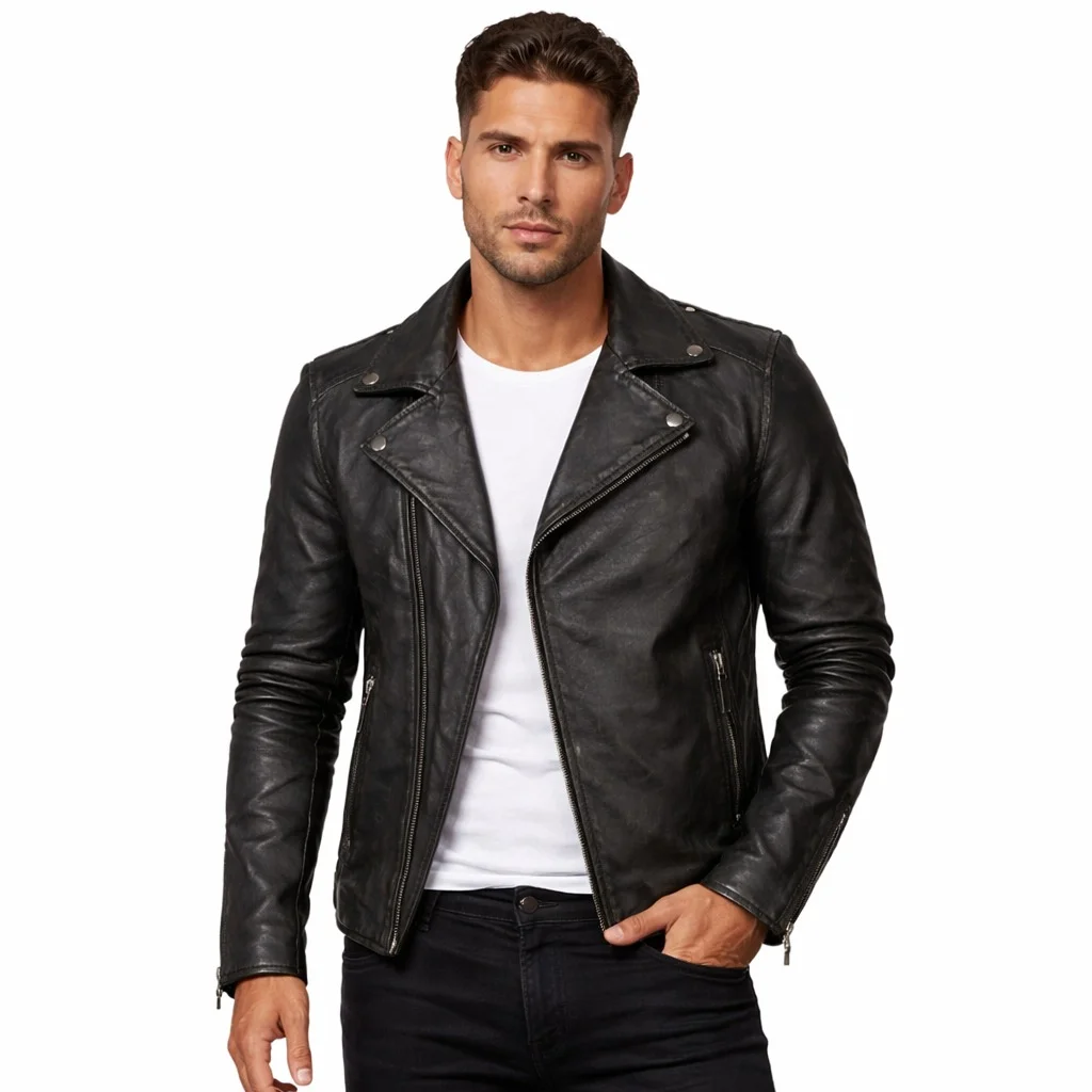 Men’s Black Serge Pariente Perf Man Lambskin Leather Biker Jacket Premium Designer Outerwear