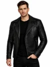 Men’s Black Sheepskin Leather Biker Jacket Notch Collar with Zipper Closure