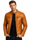 Men’s Brown Leather Biker Jacket with Quilted Shoulder Details Classic Motorcycle Jacket