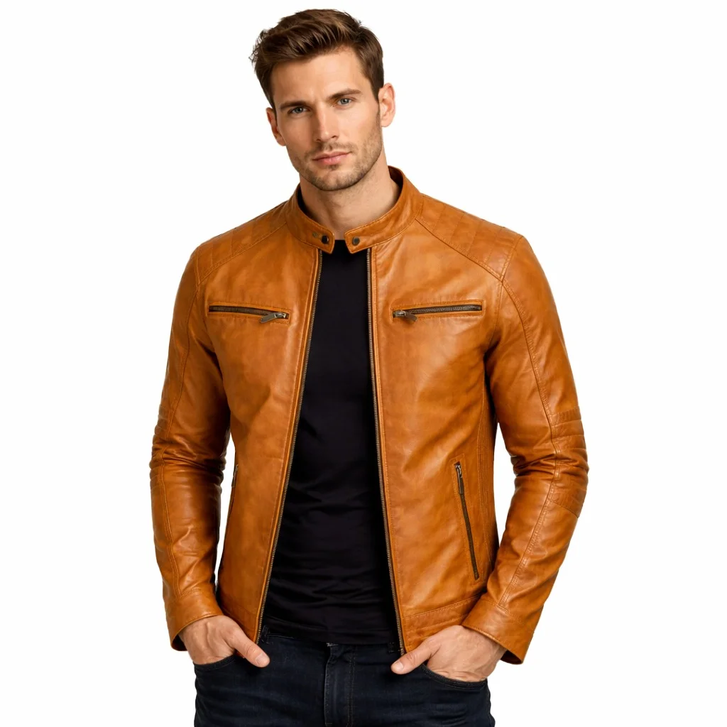 Men’s Brown Leather Biker Jacket with Quilted Shoulder Details Classic Motorcycle Jacket