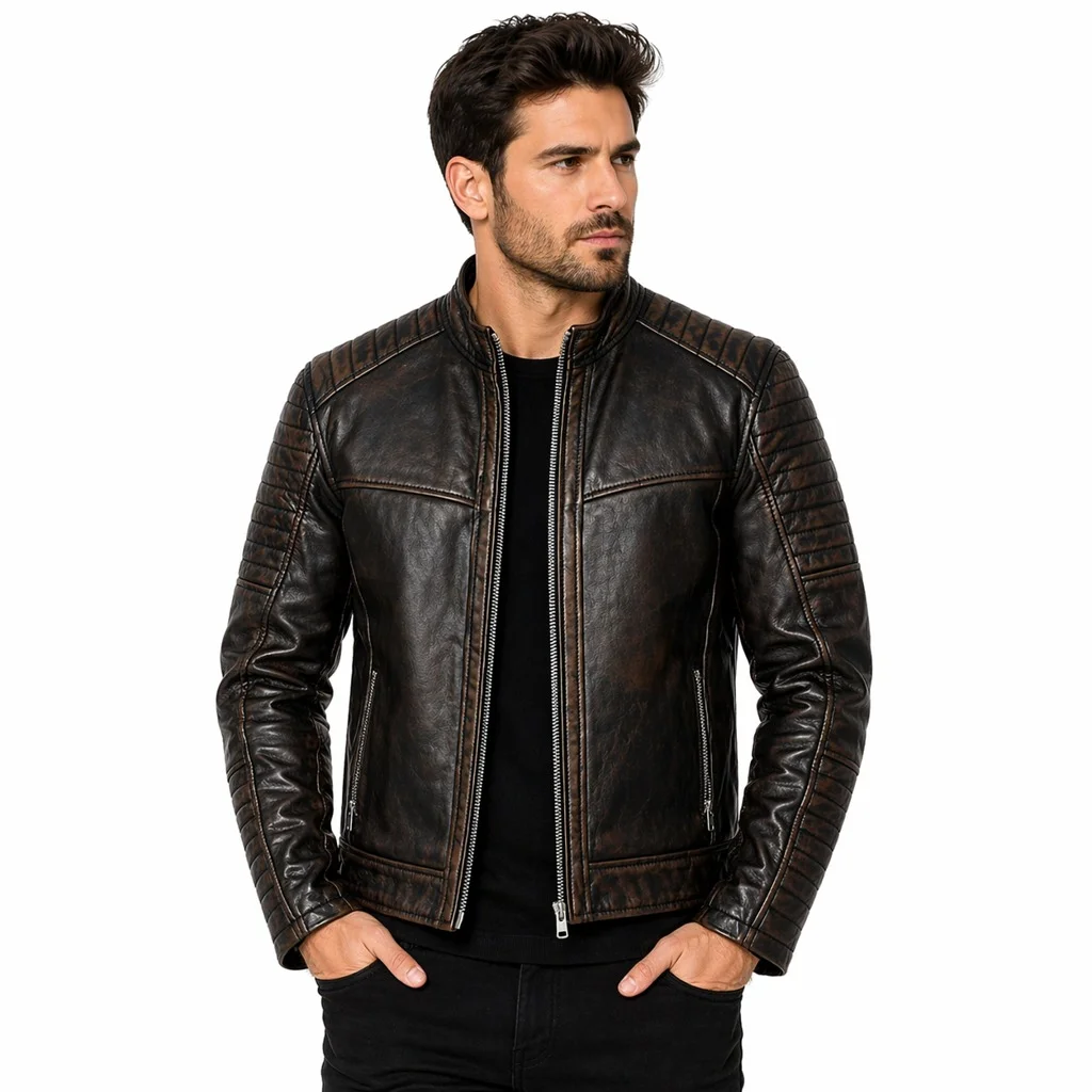 Men’s Distressed Brown Leather Biker Jacket Quilted Shoulder & Sleeve Detailing