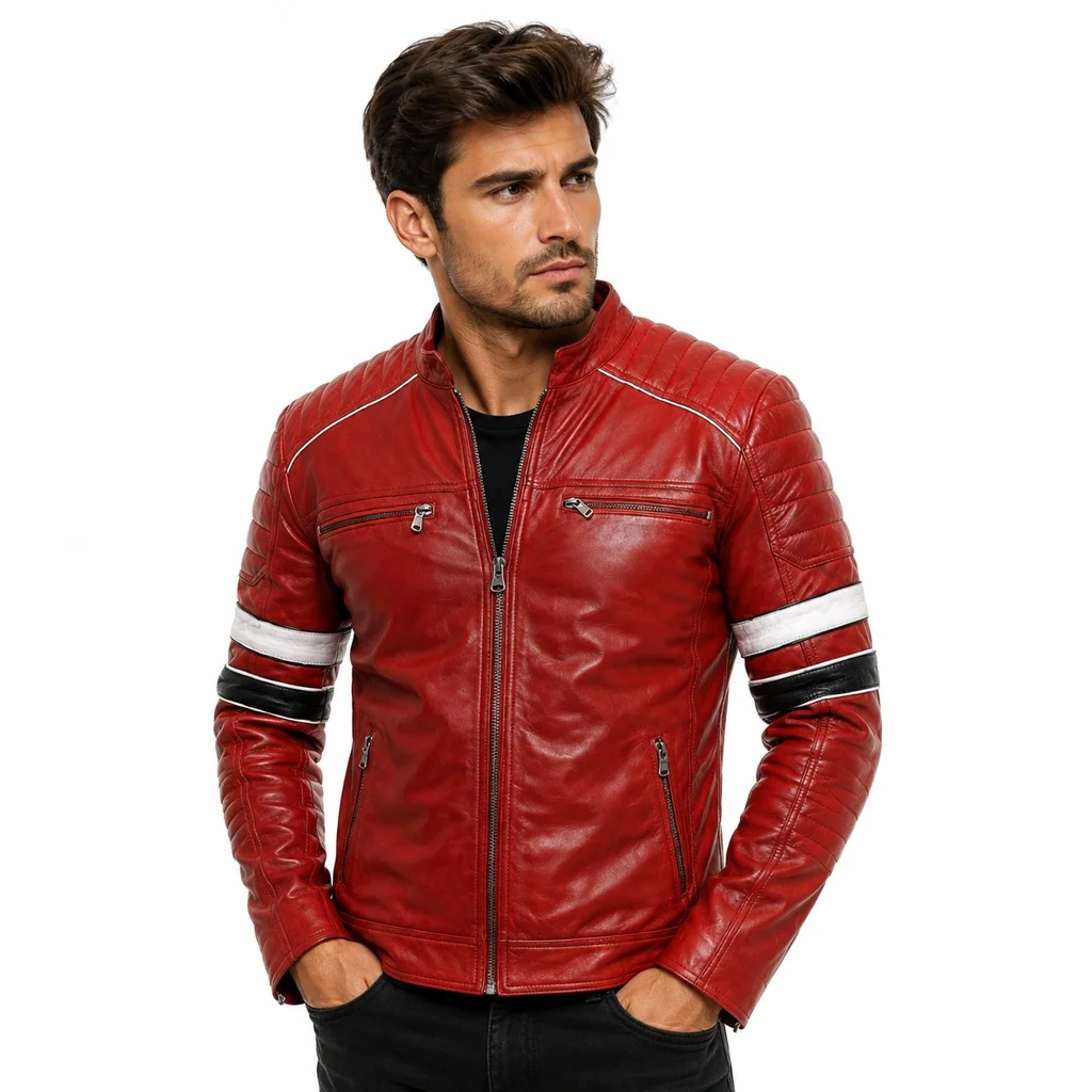 Men’s Red Leather Biker Jacket with White & Black Racing Stripes and Quilted Shoulder Panels Slim Fit Motorcycle Jacket