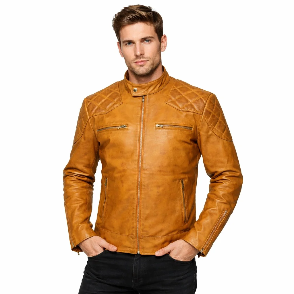 David Beckham-Inspired Brown Quilted Shoulder Café Racer Leather Jacket