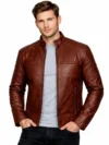 Decrum Men’s Brown Lambskin Leather Cafe Racer Jacket Premium Real Leather Biker Jacket