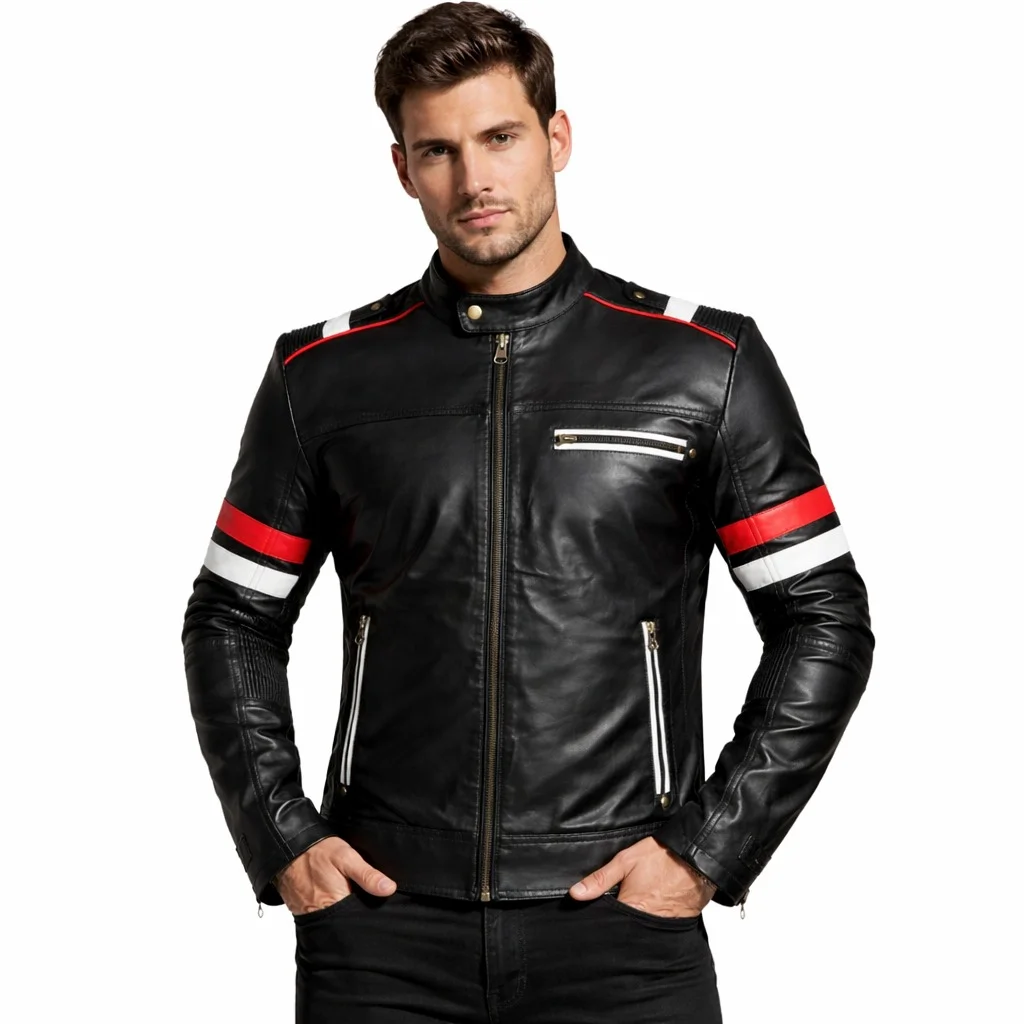 Feather Skin Men’s Cafe Racer Biker Leather Jacket Black Jacket with Red & White Stripes