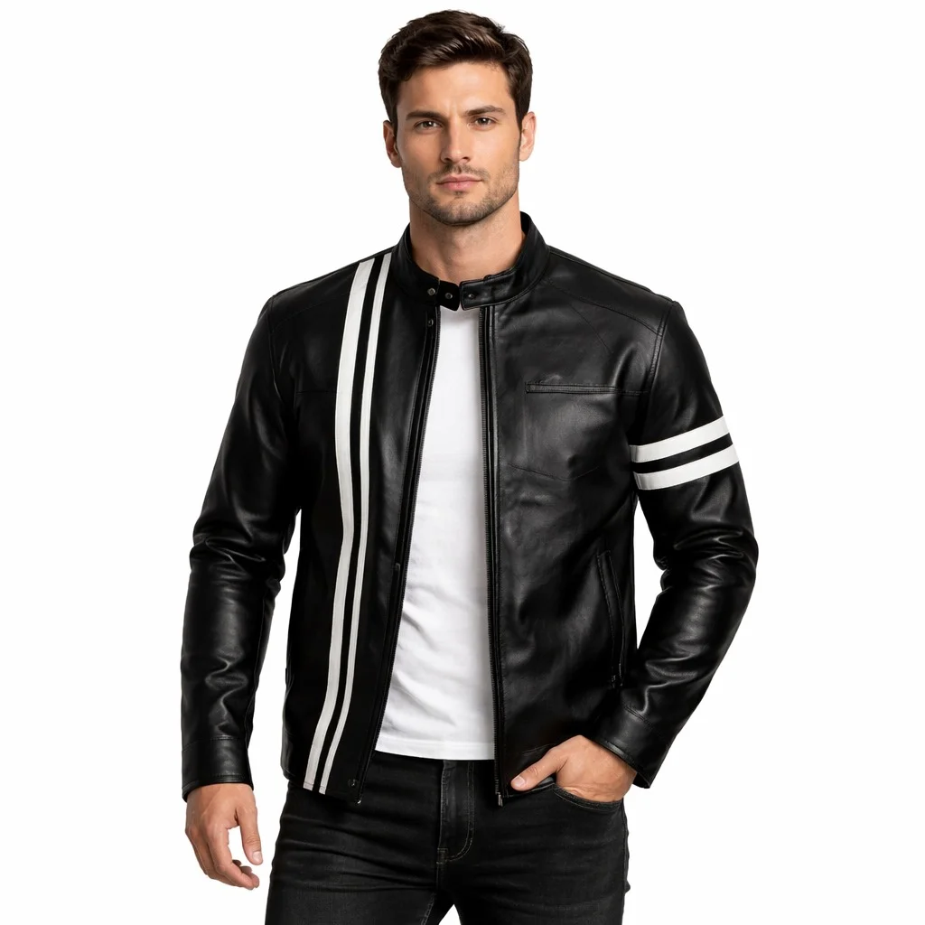 John Tanner Style Black Leather Biker Jacket with White Racing Stripes