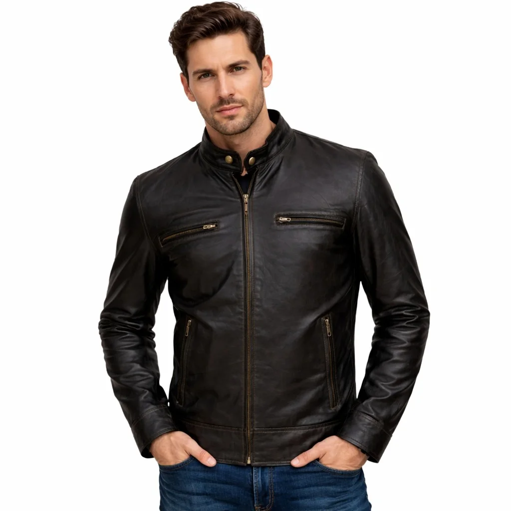 Men’s Black Leather Moto Jacket Classic Biker Style