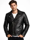 Men’s Black Asymmetrical Leather Motorcycle Jacket Genuine Sheepskin & Cowhide Biker Jacket