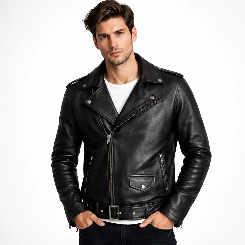 Men’s Black Asymmetrical Leather Motorcycle Jacket Genuine Sheepskin & Cowhide Biker Jacket