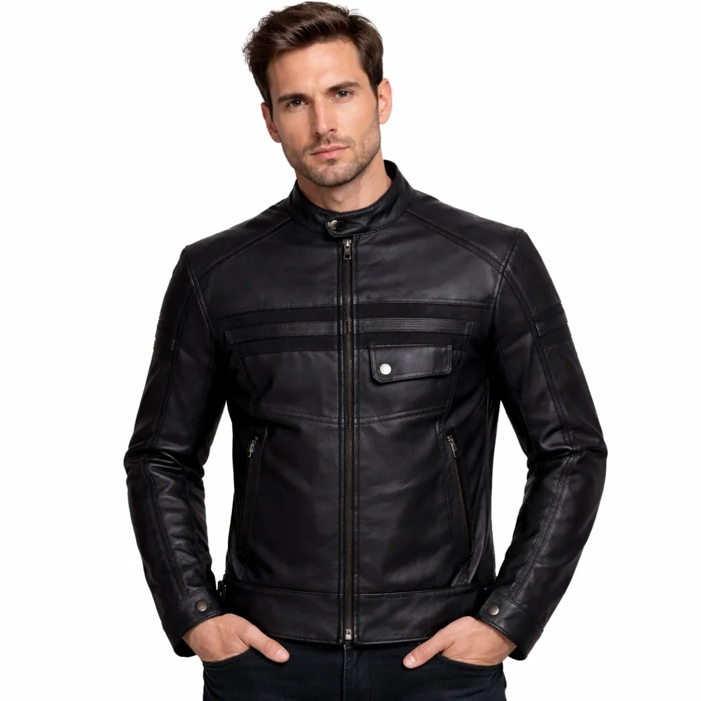 Men’s Black Café Racer Leather Jacket Classic Slim-Fit Motorcycle Biker Jacket with Zipper Closure & Multi-Pocket Design
