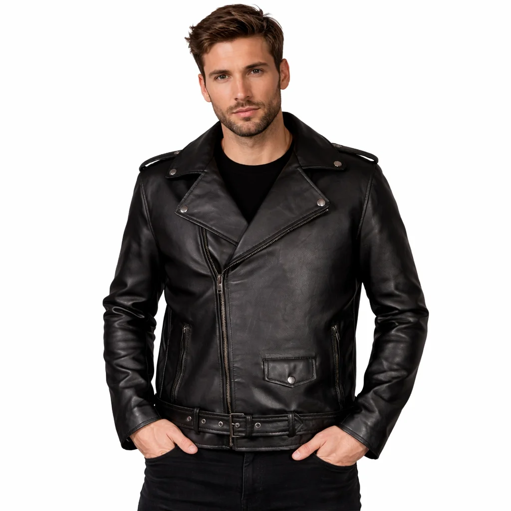 Men’s Black Cowhide Leather Biker Jacket Classic Motorcycle Jacket