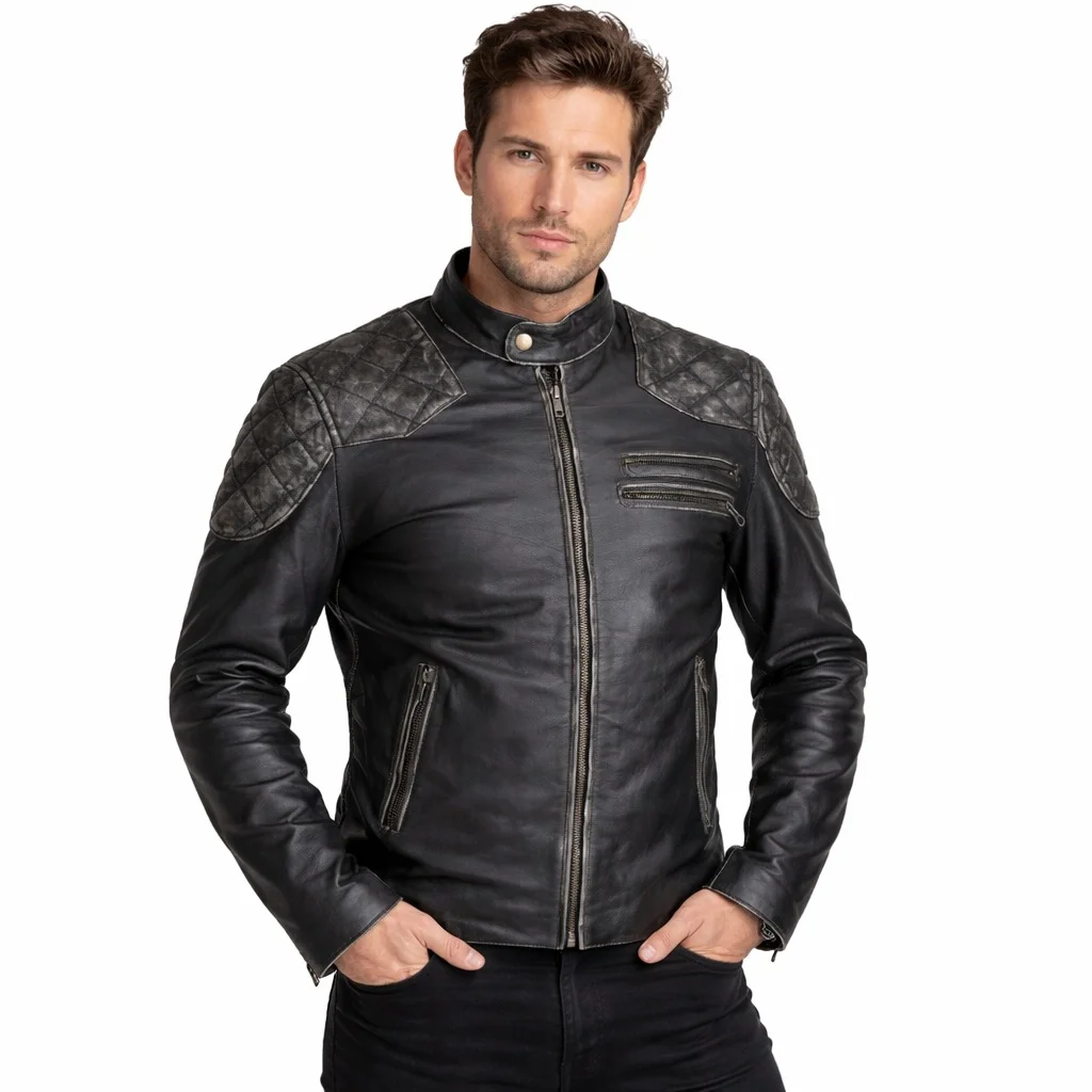 Men’s Black Distressed Genuine Leather Biker Jacket Quilted Shoulder Design