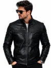 Men’s Black Leather & Faux Leather Biker Jacket Stand-Up Collar with Zip Closure