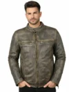 Men’s Distressed Brown Leather Cafe Racer Jacket Stand Collar & Multiple Zipper Pockets