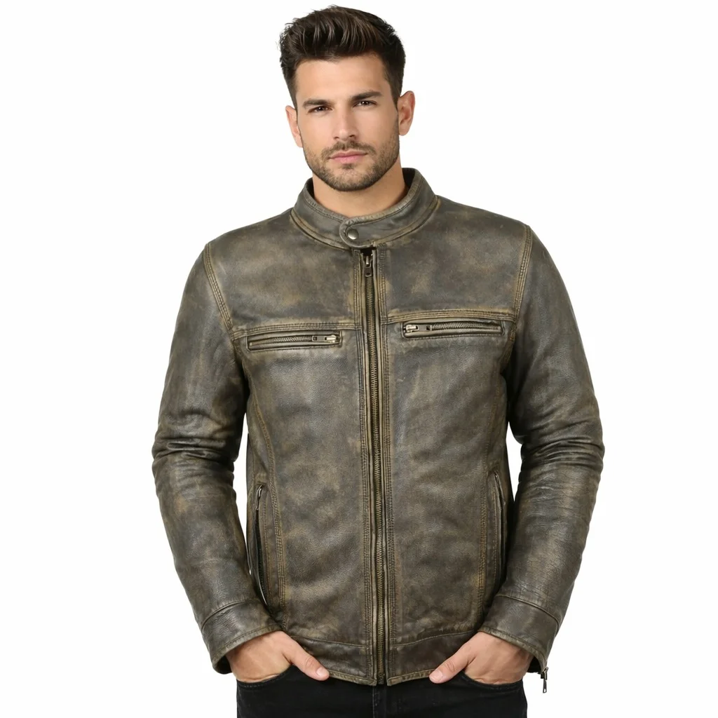 Men’s Distressed Brown Leather Cafe Racer Jacket Stand Collar & Multiple Zipper Pockets