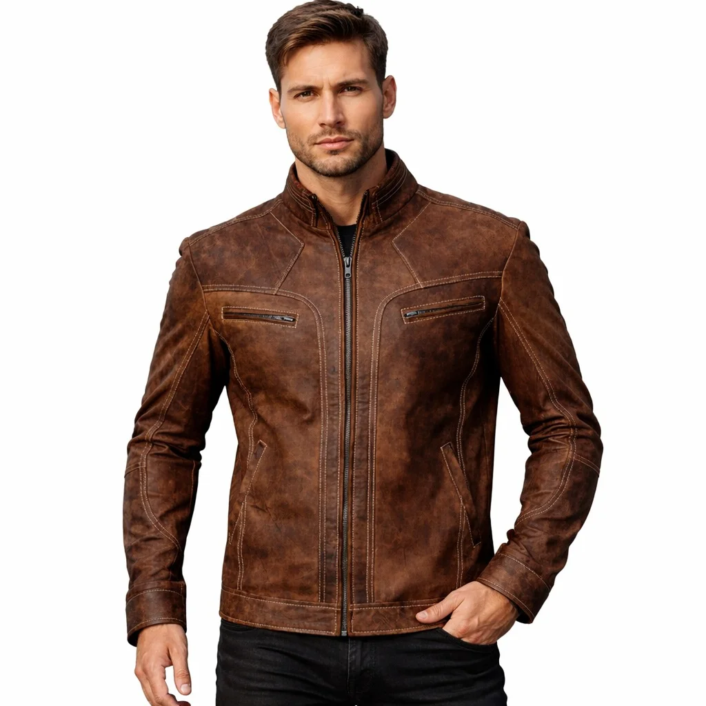 Men’s Distressed Brown Leather Cafe Racer Motorcycle Jacket