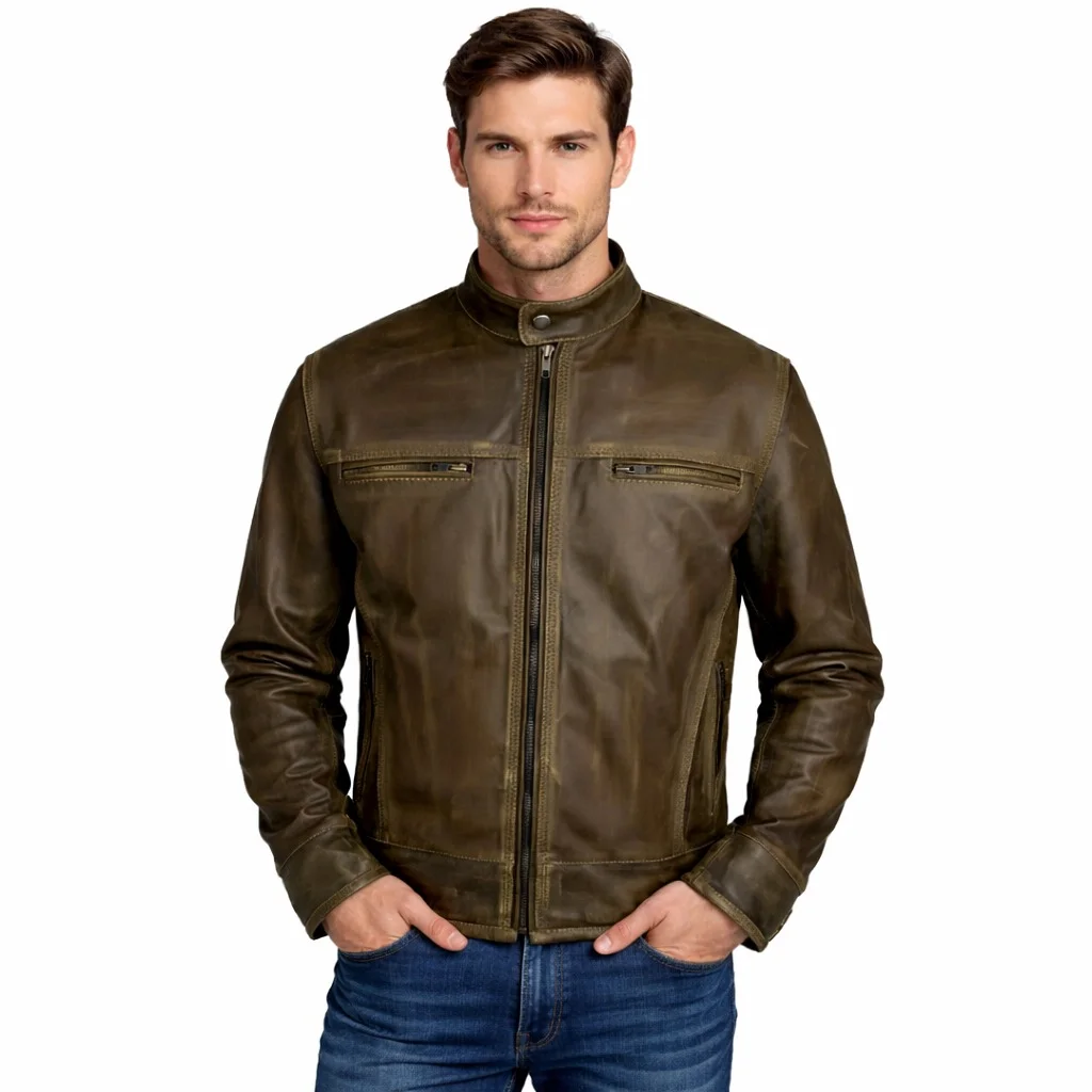 Distressed Brown Leather Men’s Café Racer Jacket with Stand Collar & Triple-Stitched Detailing