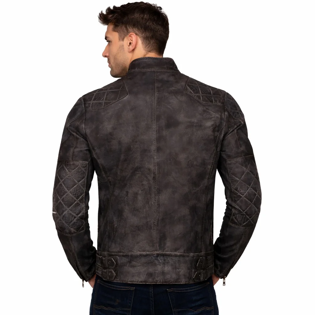 Men’s Distressed Cafe Racer Leather Jacket Quilted Shoulder & Elbow Panels, Vintage Slim Fit - Image 2