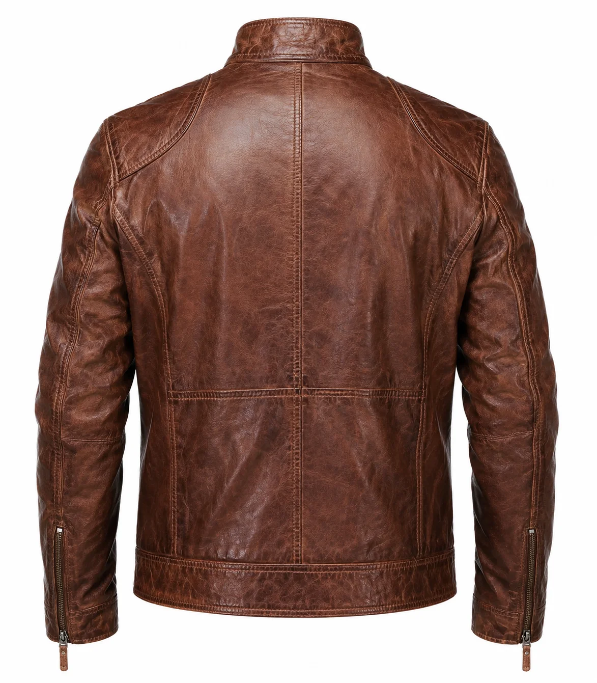 Men’s Vintage Distressed Brown Leather Motorcycle Jacket - Image 4