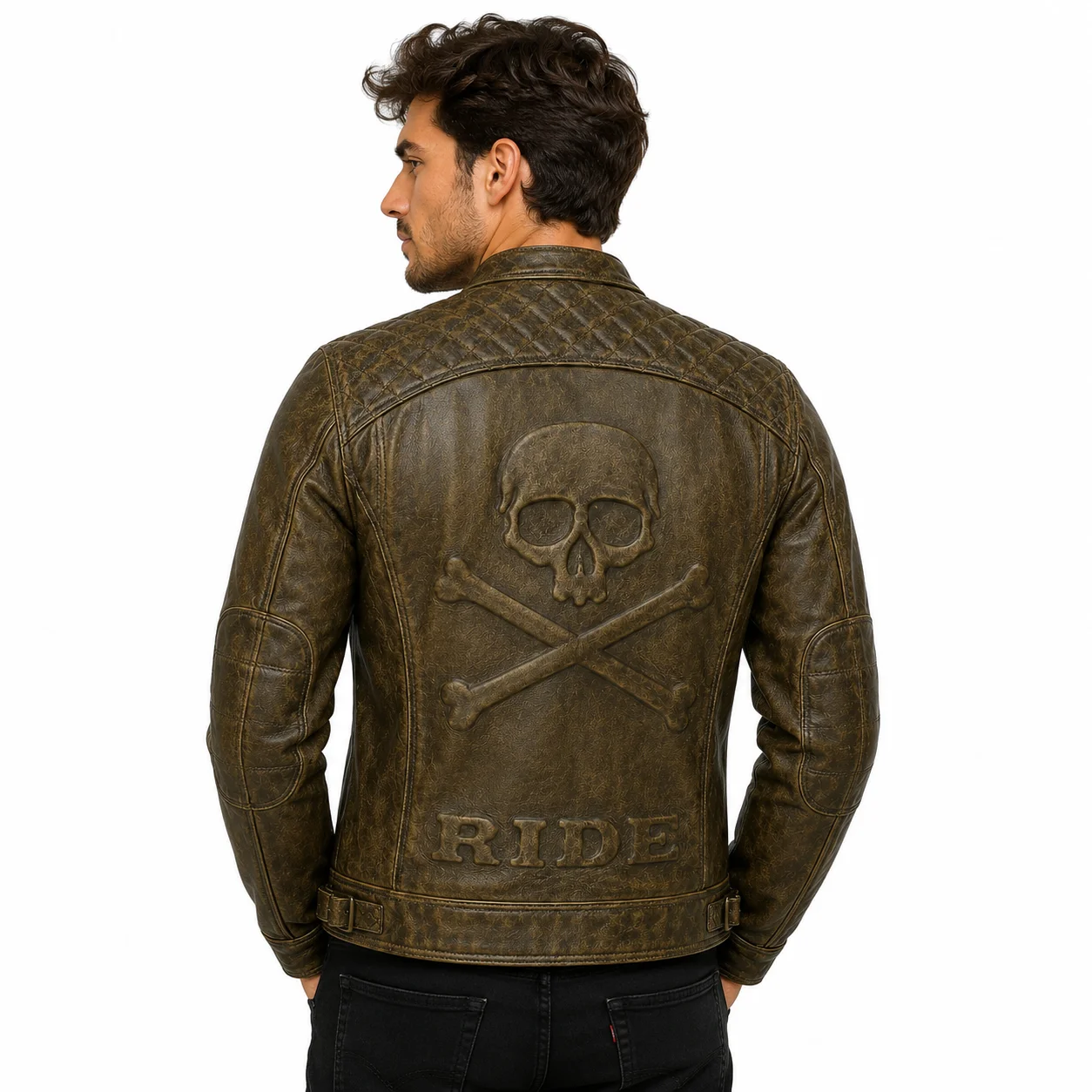 Men’s Vintage Biker Leather Jacket Quilted Shoulders with Stand Collar - Image 2