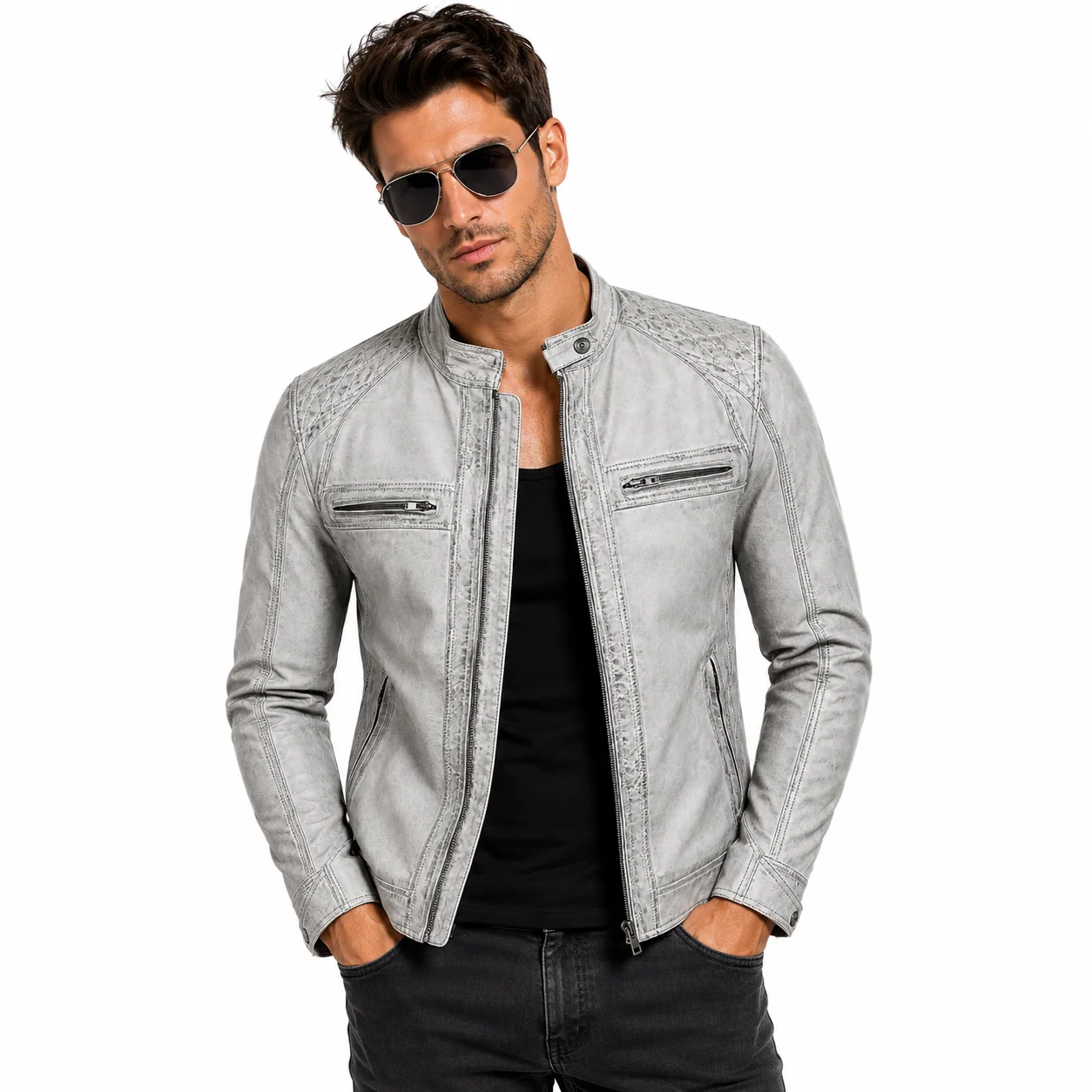 Men’s Vintage Distressed Genuine Leather Cafe Racer Jacket