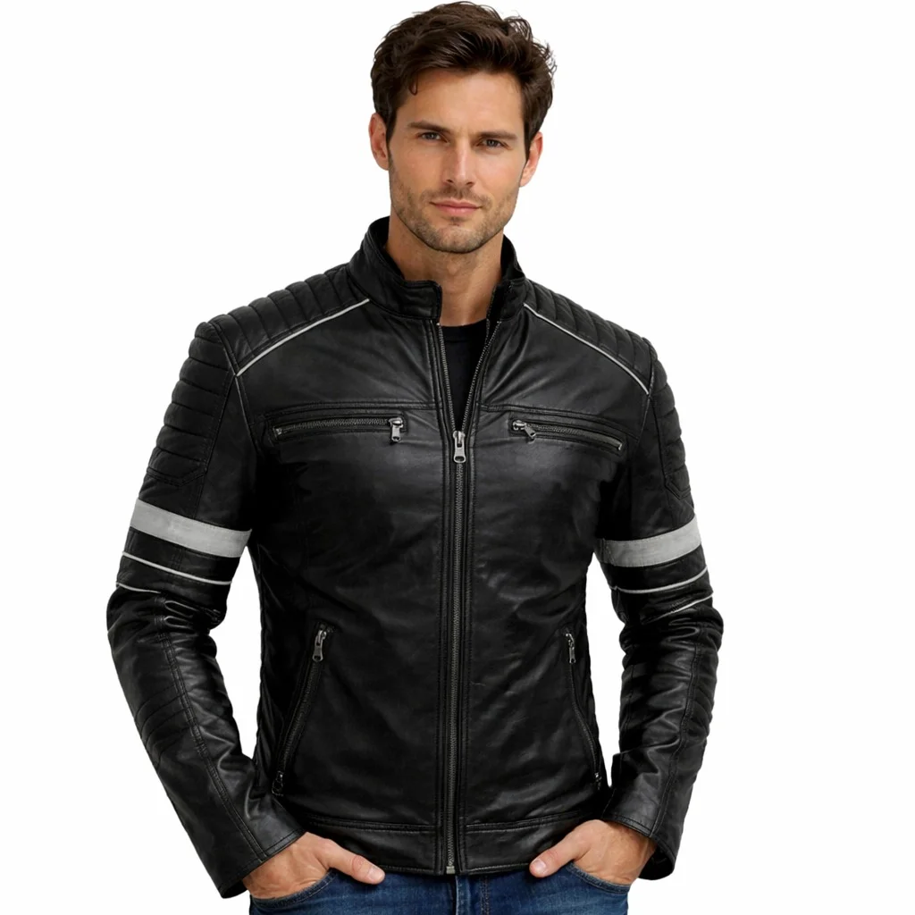Men’s Black Leather Cafe Racer Jacket Grey Stripes & Quilted Shoulder Detailing