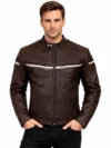 Men’s Brown Leather Motorcycle Jacket with Cream Racing Stripes Genuine Leather Café Racer Biker Jacket